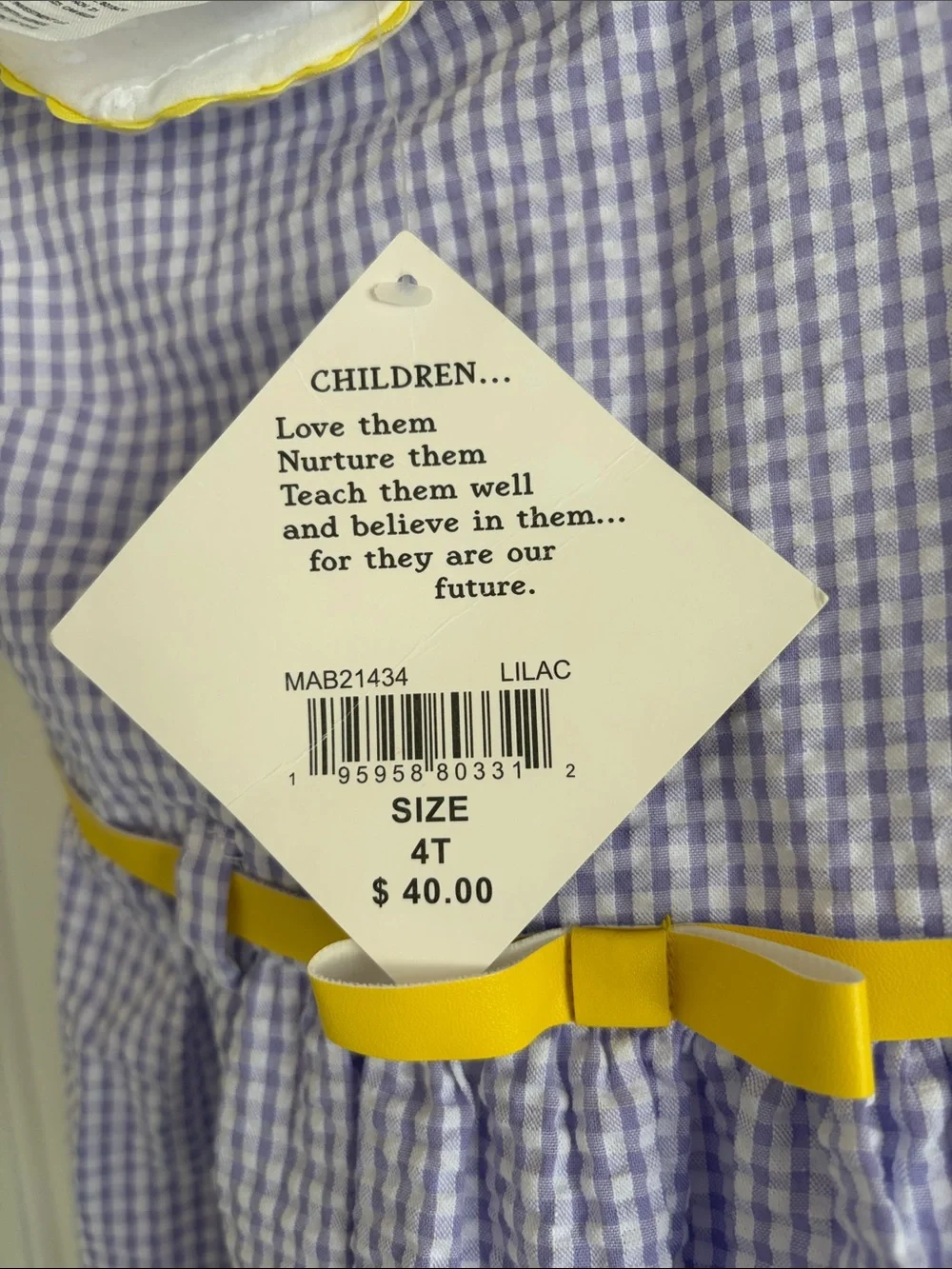 Blueberi Boulevard Lavender Gingham Dress with Yellow Belt and White Collar